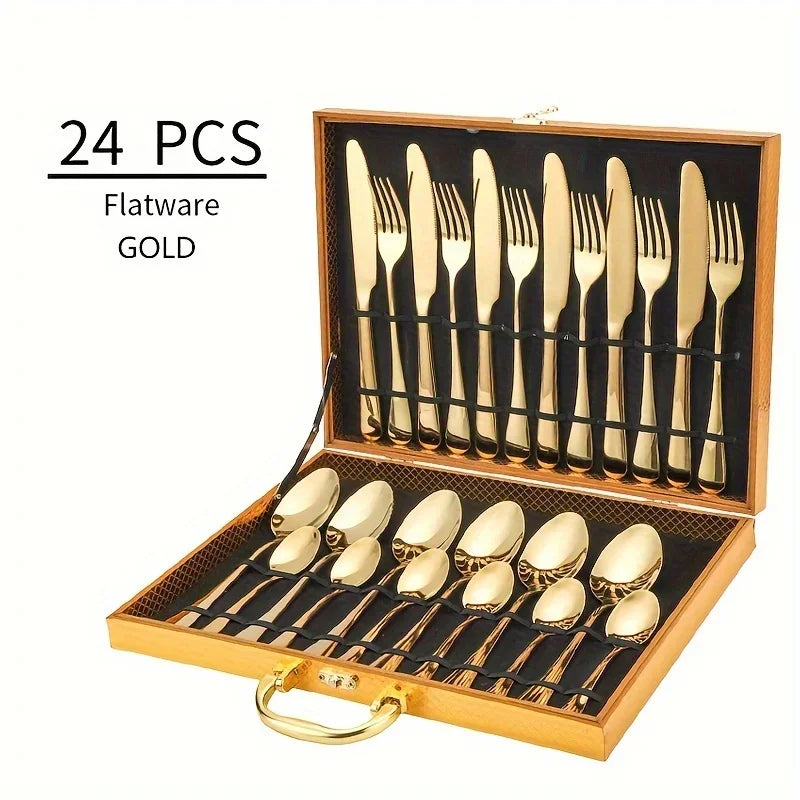 24pcs Elegant Stainless Steel, Classic Style Gift Set Mirror Polish Gold Cutlery - Our Families Kitchen