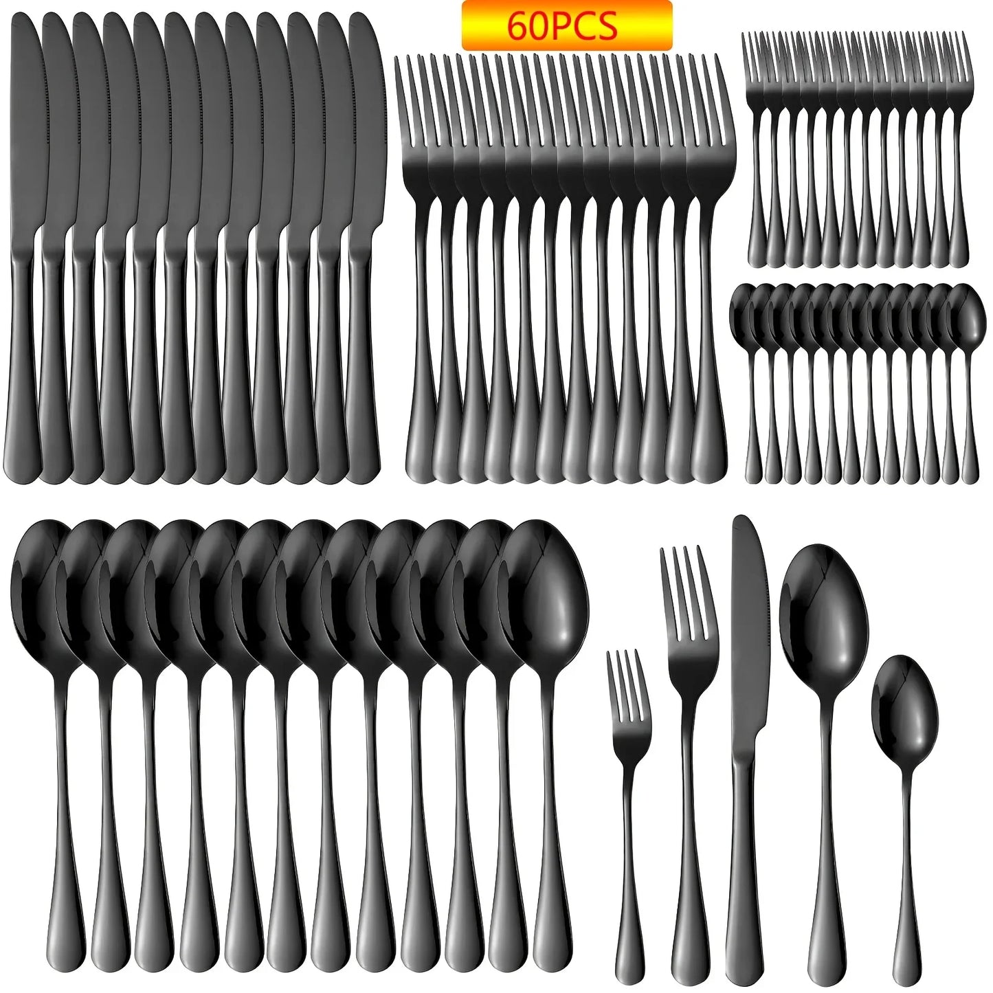 60pcs Black Stainless Steel Flatware Set, For 12