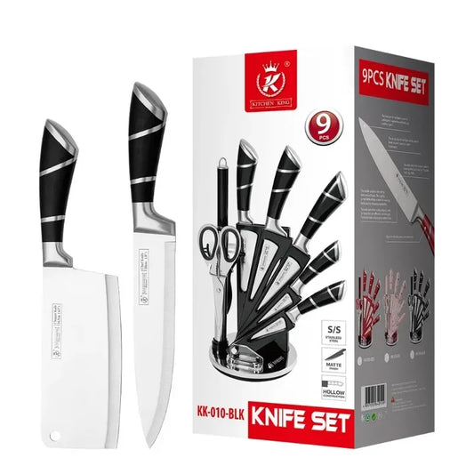 9pcs Stainless Steel Sharp Non-Stick Coated Chef Knives with Sharpener - Our Families Kitchen