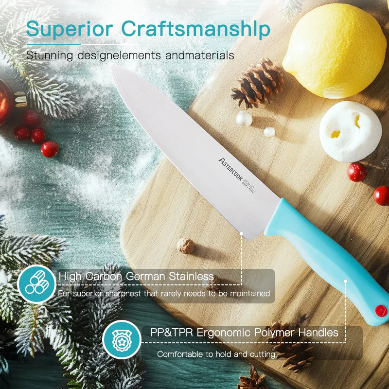 Astercook, 14 Pcs Kitchen Knife Set with Built-in Sharpener Block, Dishwasher Safe, Teal