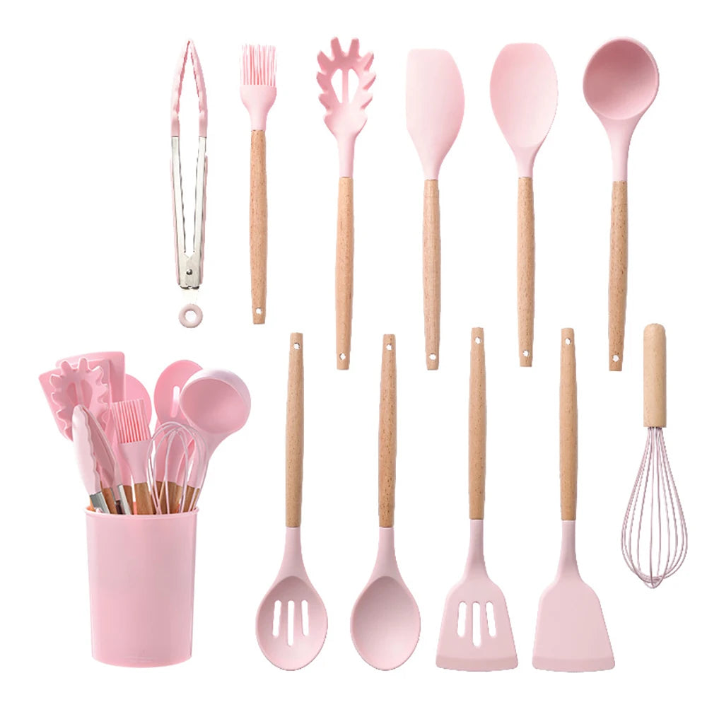 Silicone Kitchenware Cooking Utensils Set Non-stick Cookware Spatula Shovel Egg Beaters Wooden Handle Kitchen Cooking Tool Set - Our Families Kitchen