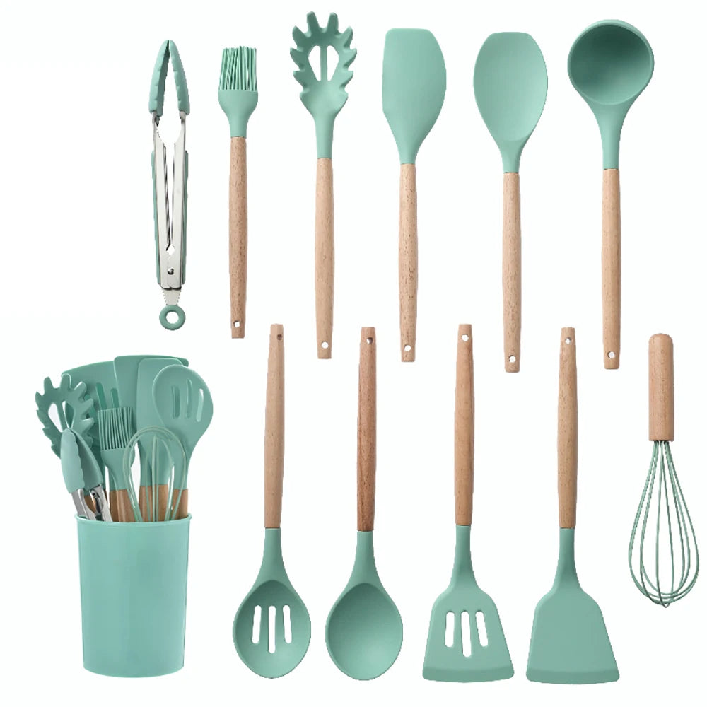 Silicone Kitchenware Cooking Utensils Set Non-stick Cookware Spatula Shovel Egg Beaters Wooden Handle Kitchen Cooking Tool Set - Our Families Kitchen