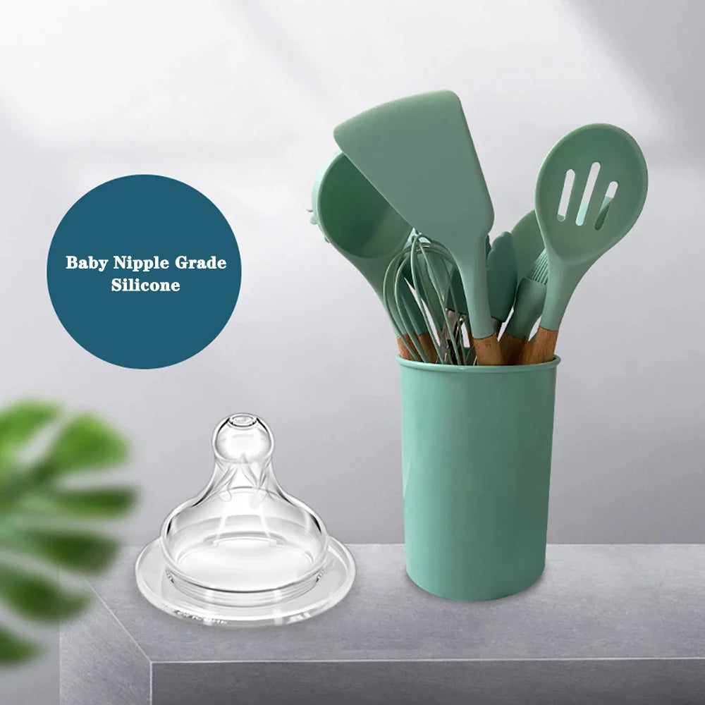 Silicone Kitchenware Cooking Utensils Set Non-stick Cookware Spatula Shovel Egg Beaters Wooden Handle Kitchen Cooking Tool Set - Our Families Kitchen