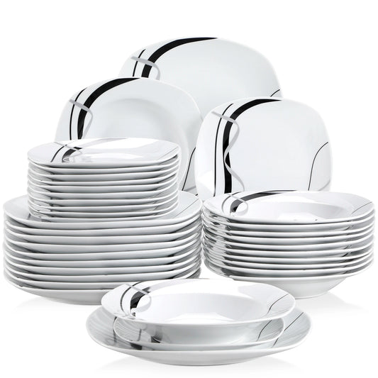 VEWEET FIONA 18/36-Piece Porcelain Ceramic Black Line Kitchen Tableware