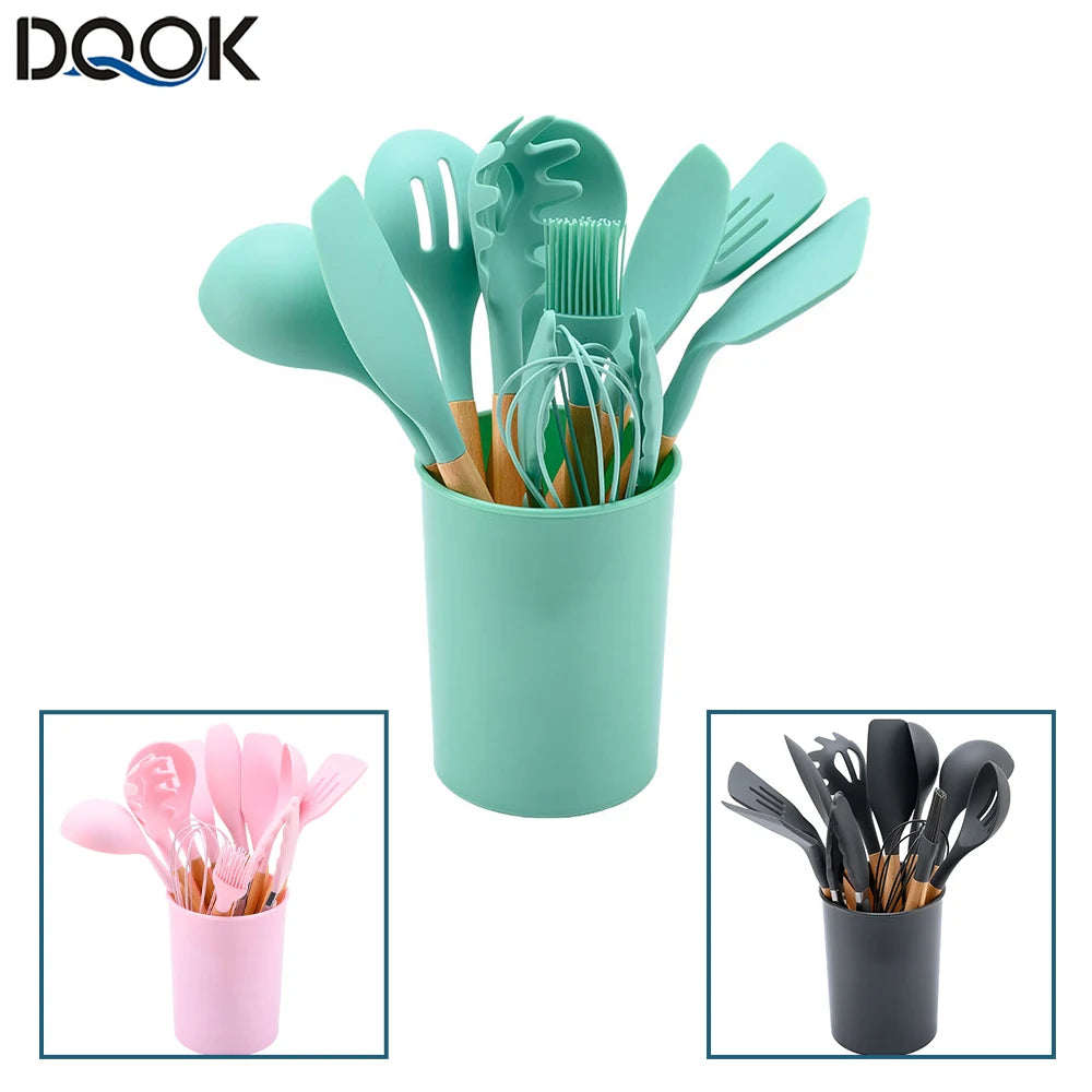 Silicone Kitchenware Cooking Utensils Set Non-stick Cookware Spatula Shovel Egg Beaters Wooden Handle Kitchen Cooking Tool Set - Our Families Kitchen