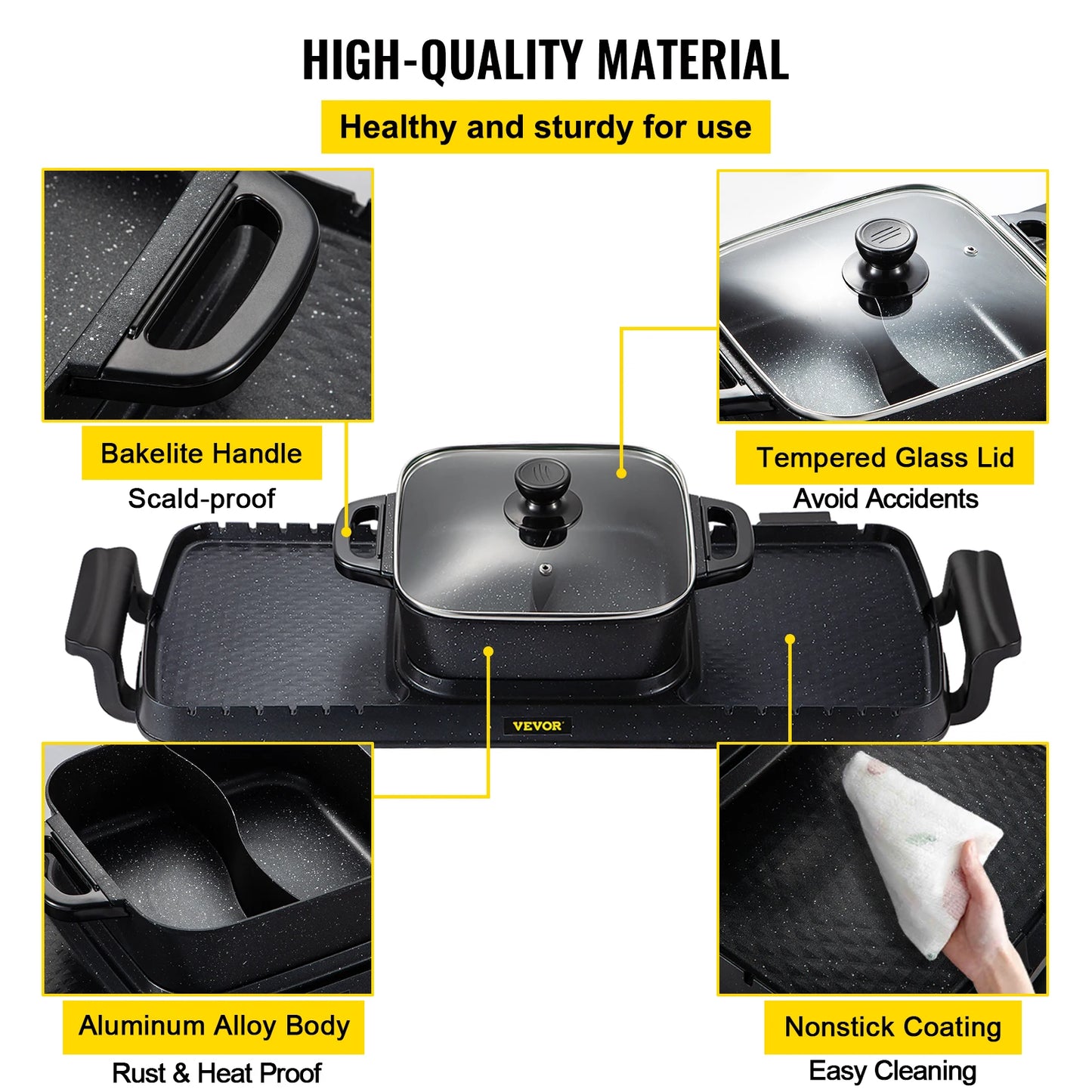 SucceBuy 2in1 Electric BBQ Pan Grill Hot Pot Multifunction Home Portable Smokeless Nonstick Detachable Hot Pot Barbecue Plate