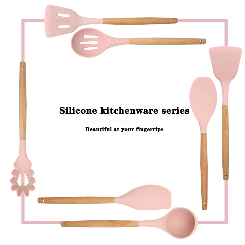 Silicone Kitchenware Cooking Utensils Set Non-stick Cookware Spatula Shovel Egg Beaters Wooden Handle Kitchen Cooking Tool Set - Our Families Kitchen