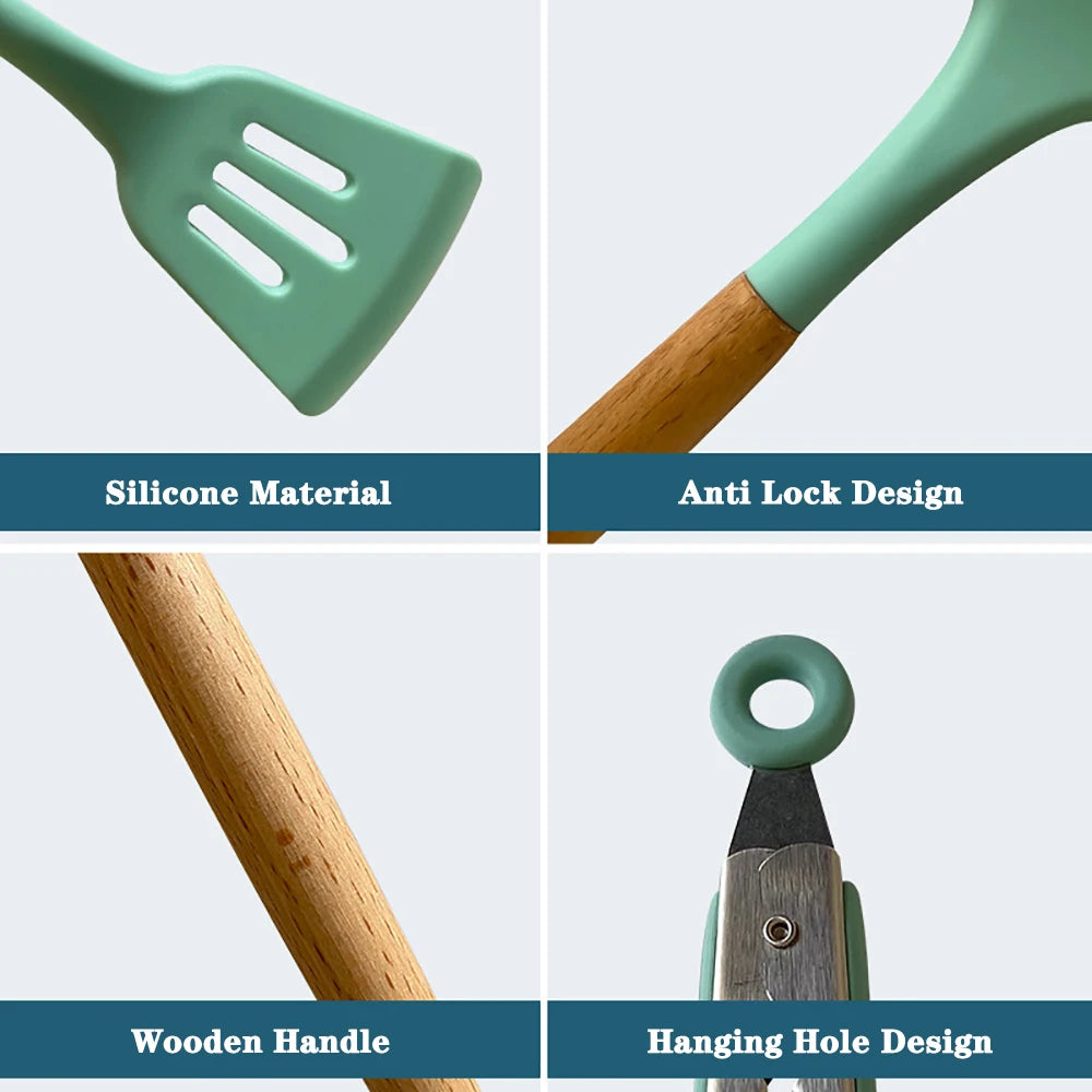 Silicone Kitchenware Cooking Utensils Set Non-stick Cookware Spatula Shovel Egg Beaters Wooden Handle Kitchen Cooking Tool Set - Our Families Kitchen