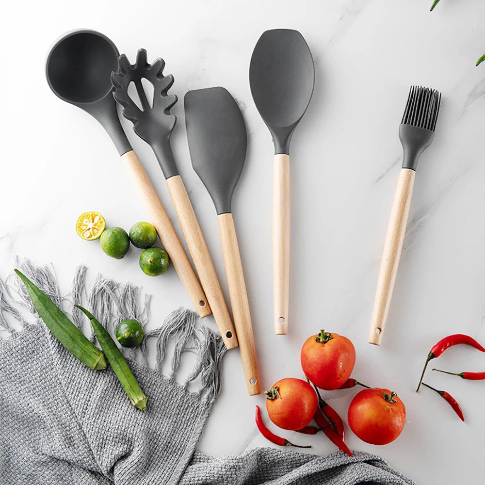 Silicone Kitchenware Cooking Utensils Set Non-stick Cookware Spatula Shovel Egg Beaters Wooden Handle Kitchen Cooking Tool Set - Our Families Kitchen