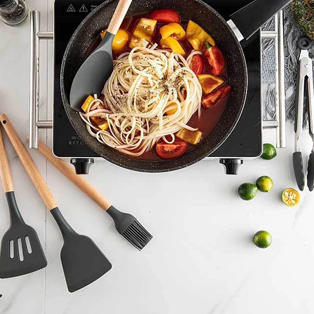 Silicone Kitchenware Cooking Utensils Set Non-stick Cookware Spatula Shovel Egg Beaters Wooden Handle Kitchen Cooking Tool Set - Our Families Kitchen
