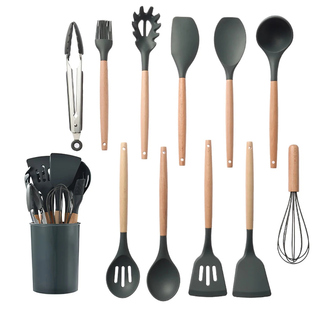 Silicone Kitchenware Cooking Utensils Set Non-stick Cookware Spatula Shovel Egg Beaters Wooden Handle Kitchen Cooking Tool Set - Our Families Kitchen