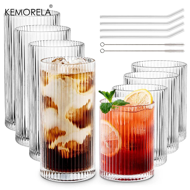 KEMORELA 8PCS Glass Cups Ribbed Glassware set Include 4 Large Glasses 17 oz 4 Glass Cups 10 oz Vintage Glassware Cocktail Glass - Our Families Kitchen