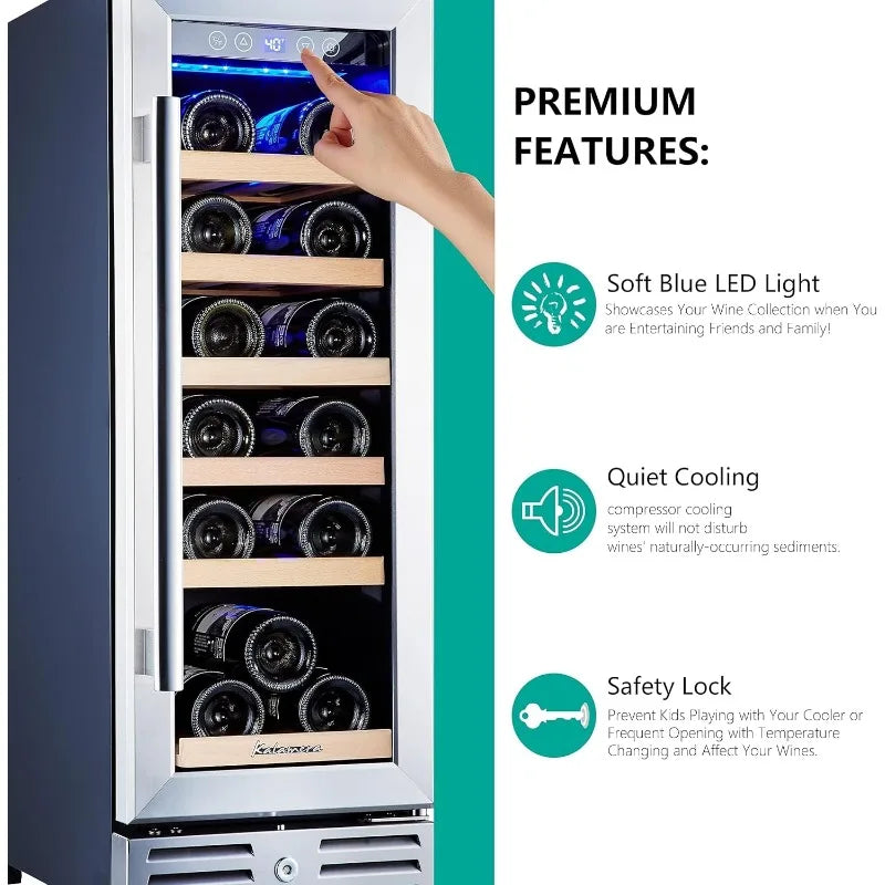 18 Bottle - 12 inch Wine Cooler Refrigerator, Built-in or Freestanding, with Stainless Steel & Double-Layer Tempered Glass Door