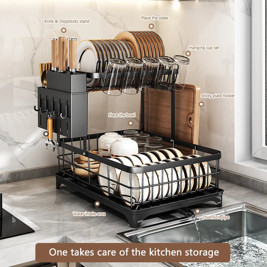 1 Or 2-Tier Space-Saving Kitchen Dish Drying Rack, Multifunctional, Rustproof, With Drainboard