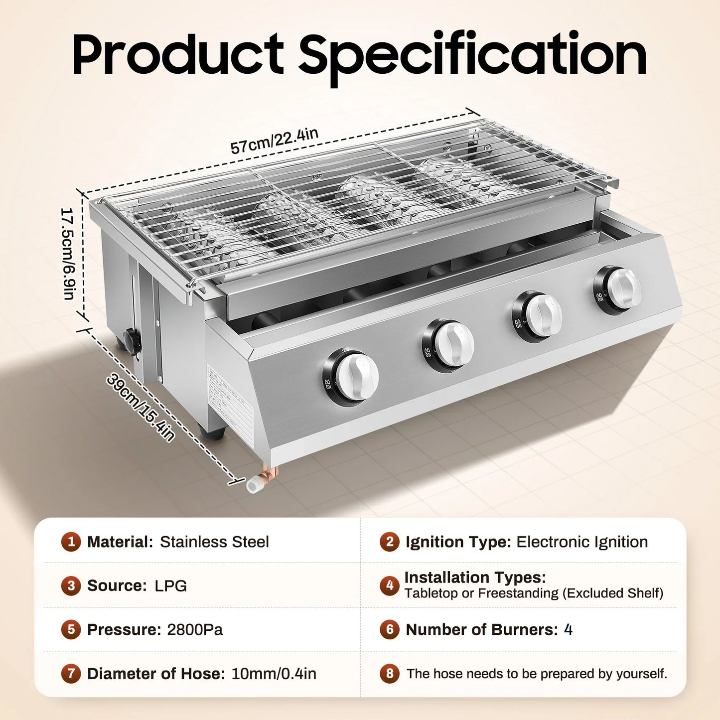 Garden BBQ Grill  4 Burner LPG Gas Grill Adjustable Height with Removable Net Commercial Barbecue Grills
