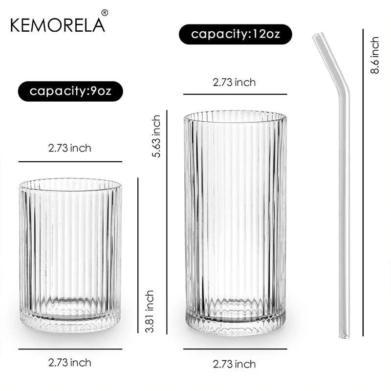KEMORELA 8PCS Glass Cups Ribbed Glassware set Include 4 Large Glasses 17 oz 4 Glass Cups 10 oz Vintage Glassware Cocktail Glass - Our Families Kitchen