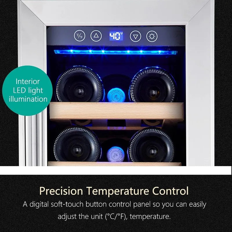 18 Bottle - 12 inch Wine Cooler Refrigerator, Built-in or Freestanding, with Stainless Steel & Double-Layer Tempered Glass Door