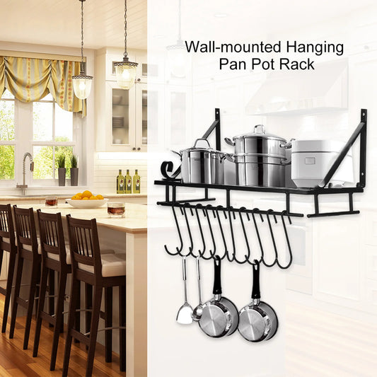 Kitchen Storage Metal Pan & Pot Rack Wall Mounted with 10 Hook Holders