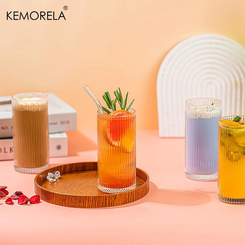 KEMORELA 8PCS Glass Cups Ribbed Glassware set Include 4 Large Glasses 17 oz 4 Glass Cups 10 oz Vintage Glassware Cocktail Glass - Our Families Kitchen