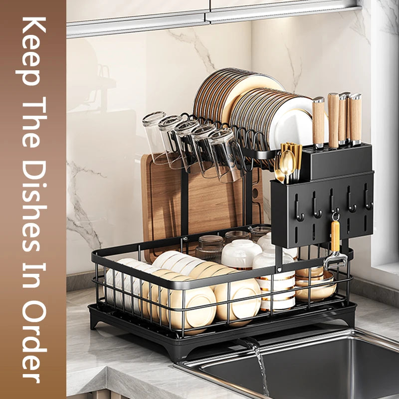 1 Or 2-Tier Space-Saving Kitchen Dish Drying Rack, Multifunctional, Rustproof, With Drainboard