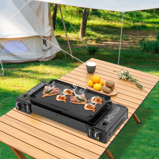 2-Burner Portable Camping Stove, Butane, BBQ, Home (with Grill Tray)