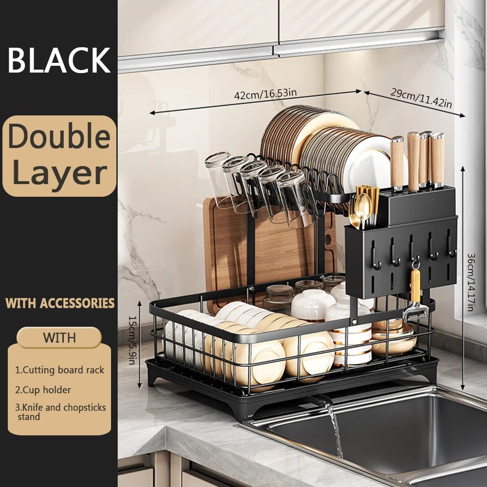 1 Or 2-Tier Space-Saving Kitchen Dish Drying Rack, Multifunctional, Rustproof, With Drainboard