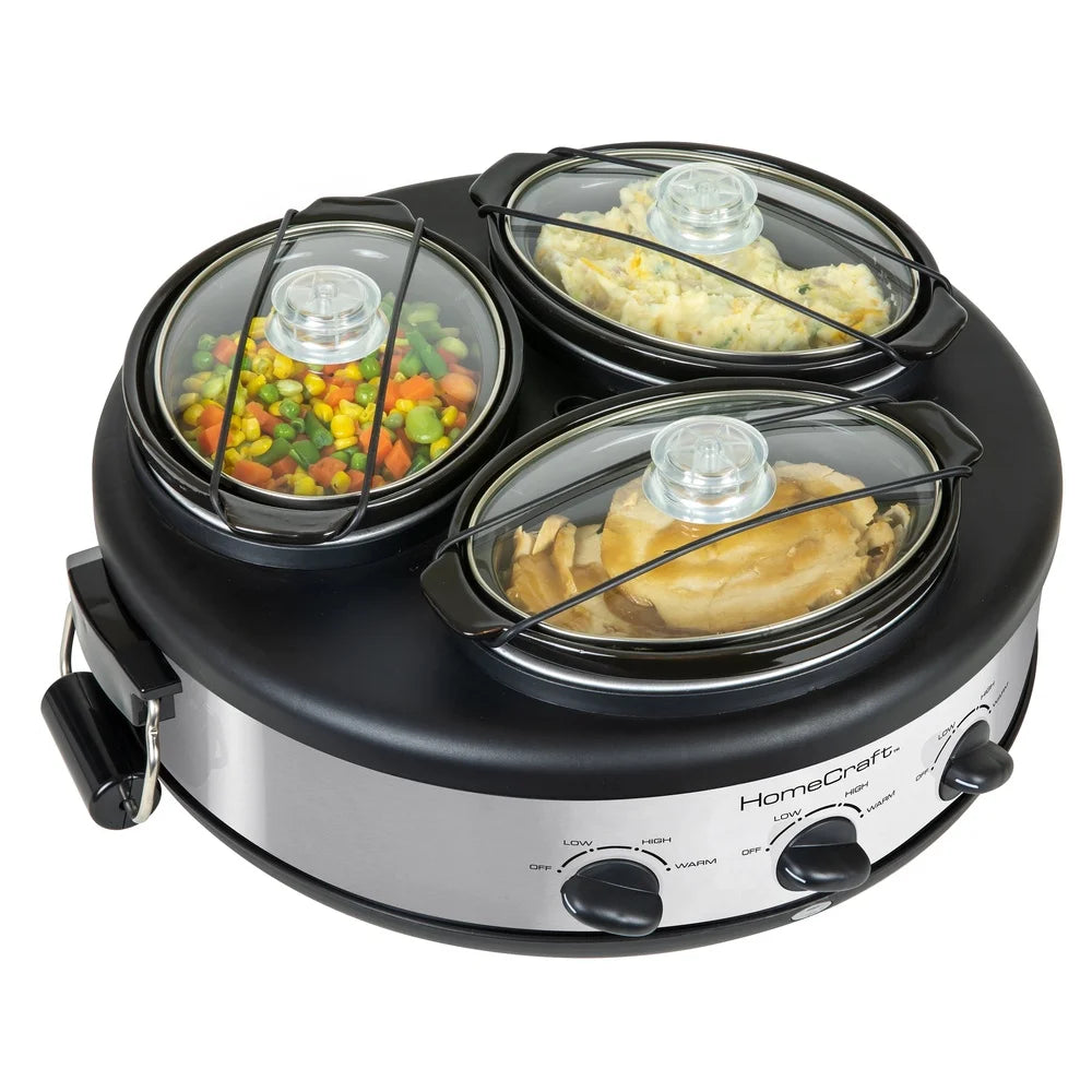 Triple 1.5qt Stainless Steel Slow Cooker, Adjustable Heat Control 3 Ceramic Pots
