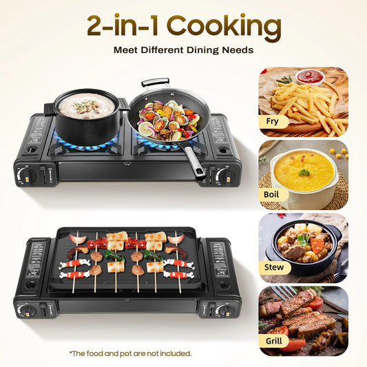 2in1 2-Burner Portable Butane Camping Stove Kit w/Baking Pan and Carrying Case, Auto Ignition