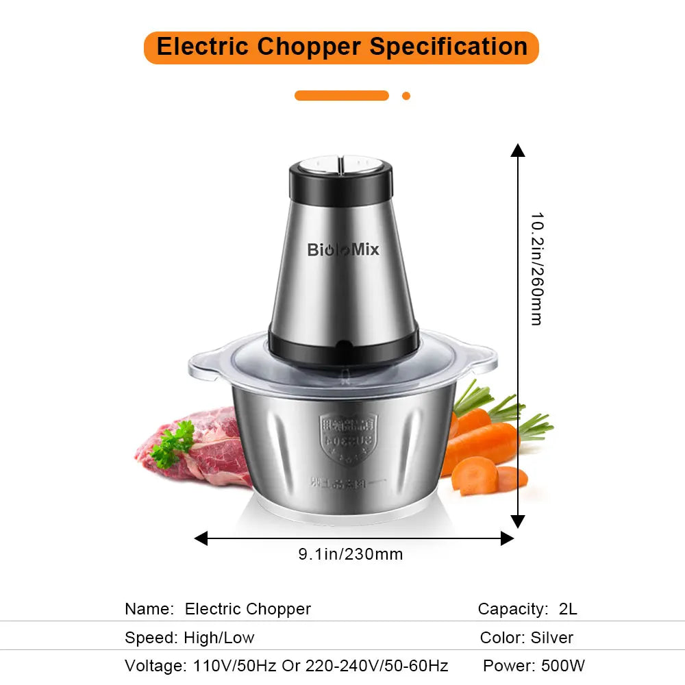 Stainless steel 2 Speeds 500W 2L big capacity Chopper Meat Grinder Food Processor